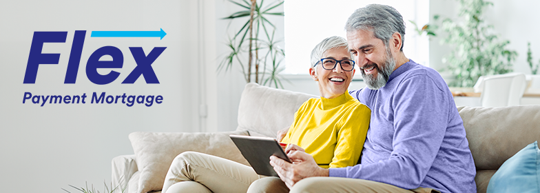 Happy older couple smiling on couch with inset Flex Payment Mortgage logo